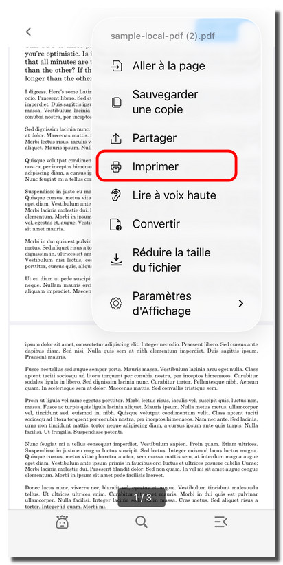Ouvrir le menu d’impression dans PDFgear pour iOS
