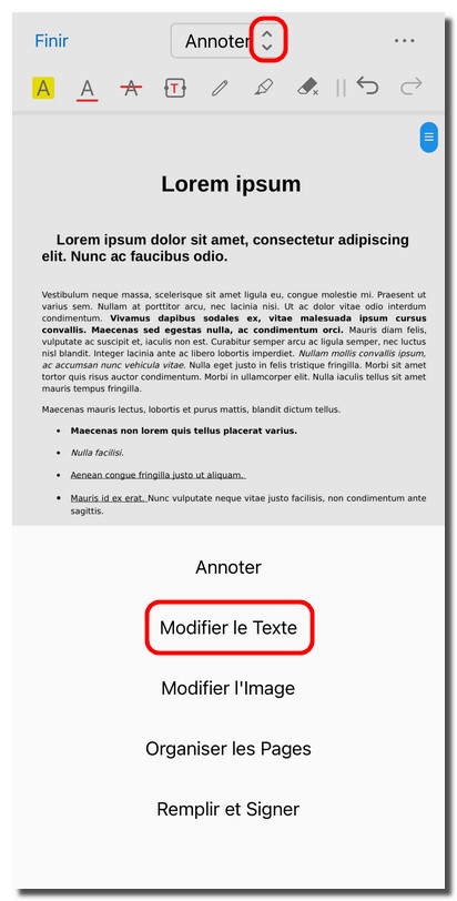 Ouvrir le mode de modification du texte