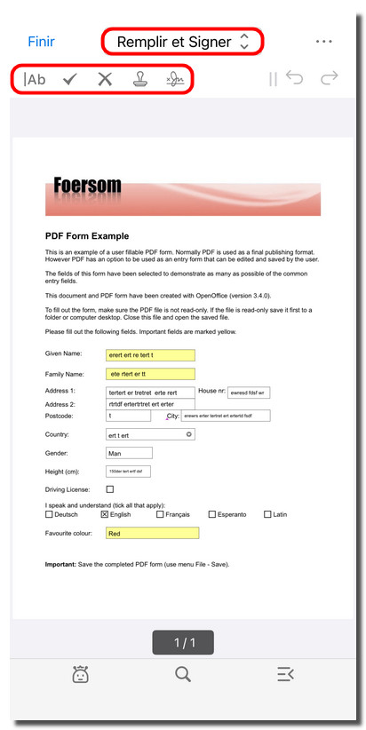 Ouvrir les outils Remplir et signer du PDF