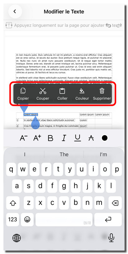 Sélectionner du texte à modifier sur iOS