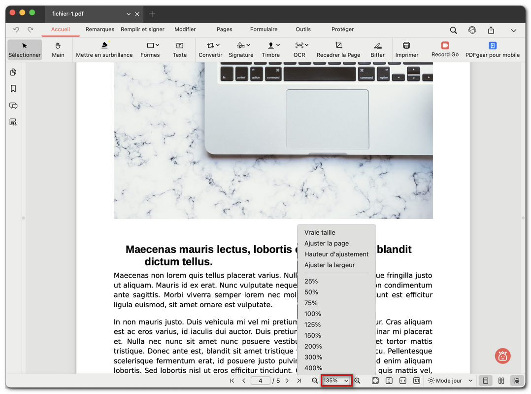 Afficher le menu des modes