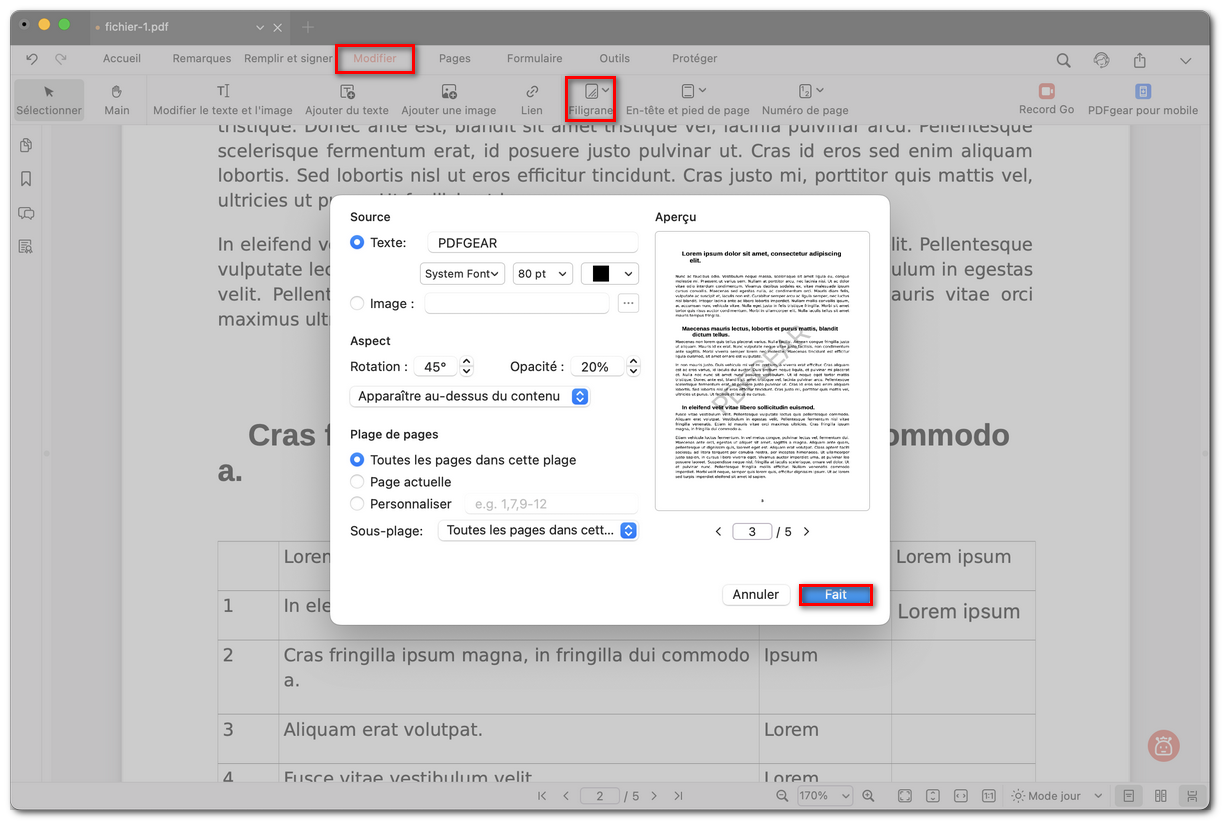 Ajouter et prévisualiser le filigrane