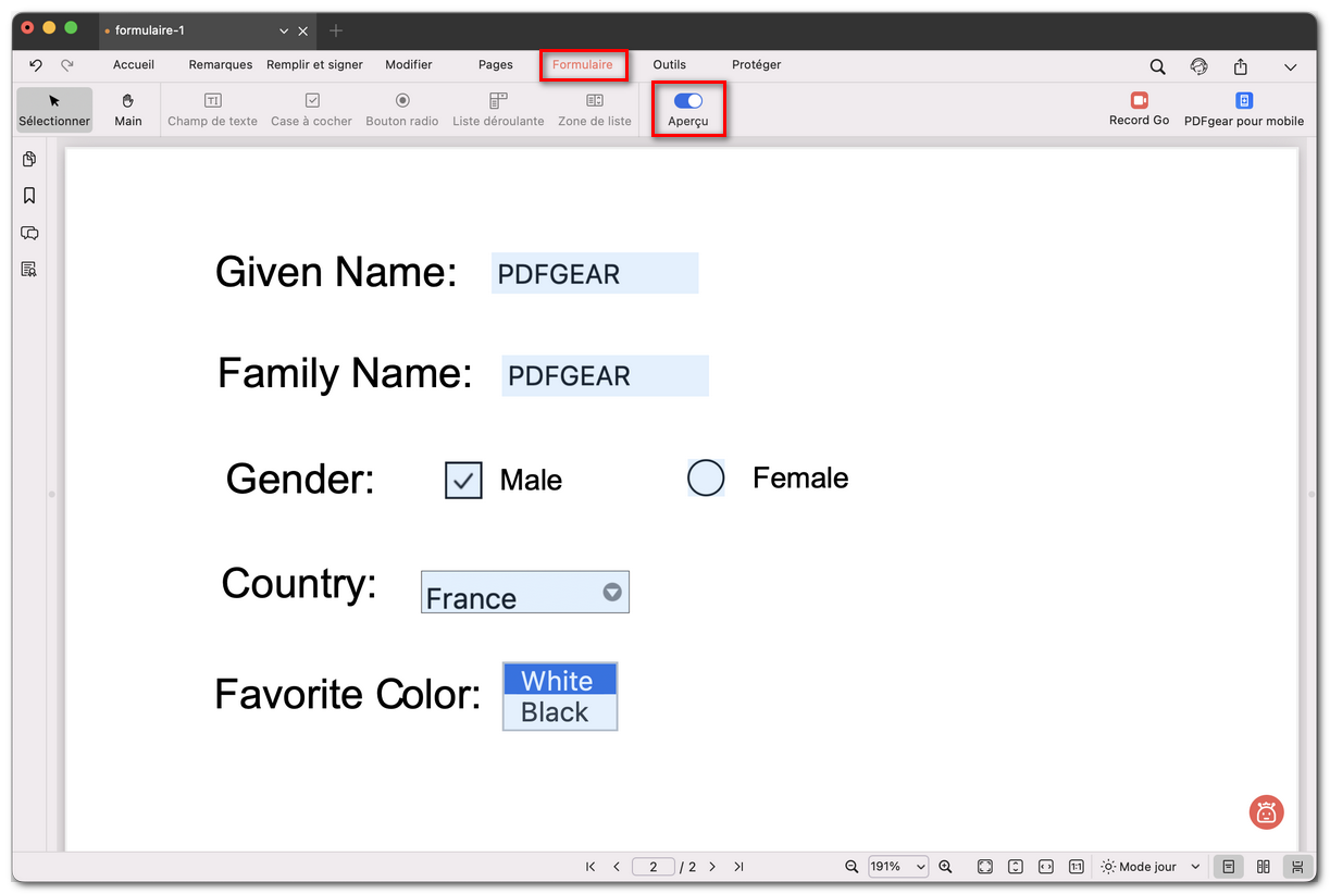Aperçu et test du formulaire PDF