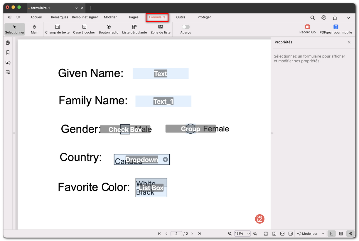 Créer un champ de formulaire pour PDF