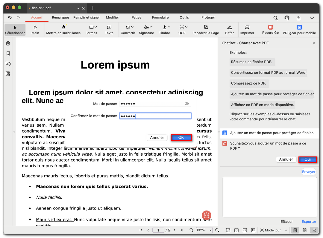 Demander à PDFgear d’ajouter un mot de passe
