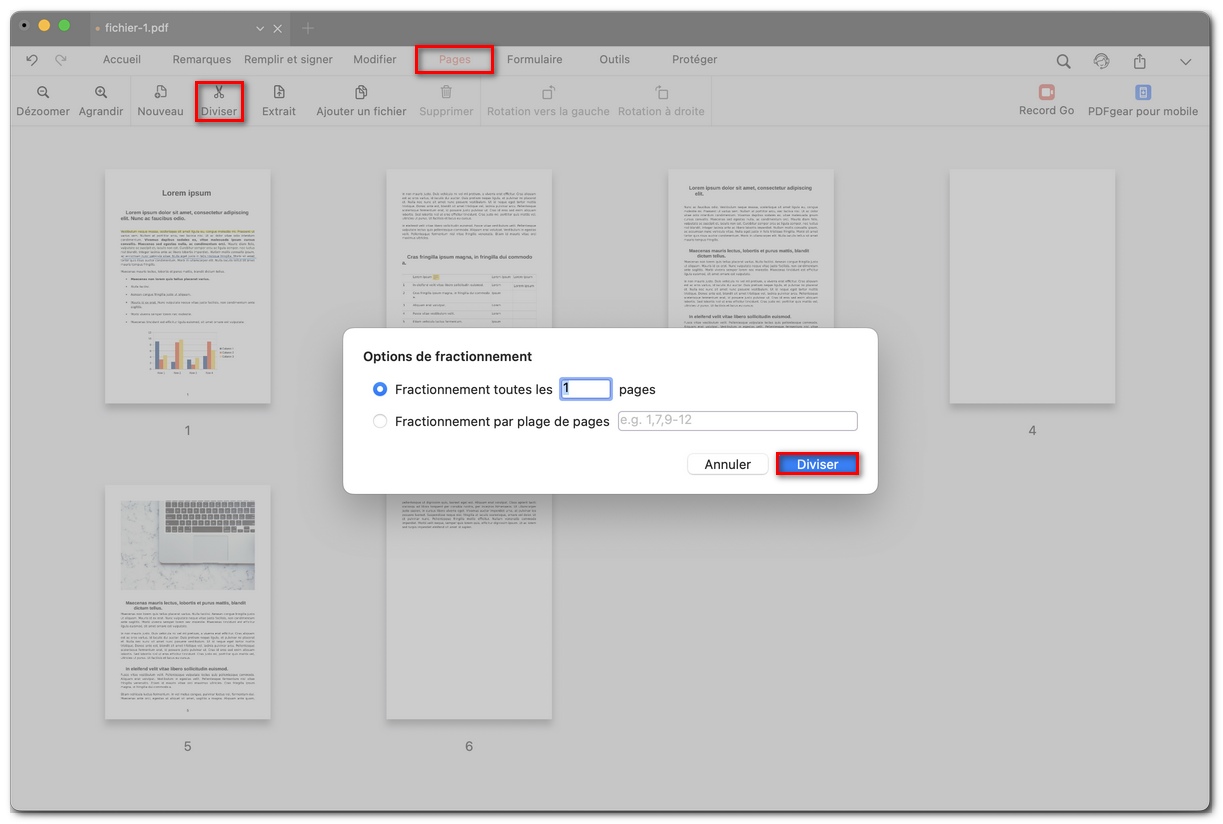 Diviser des pages PDF