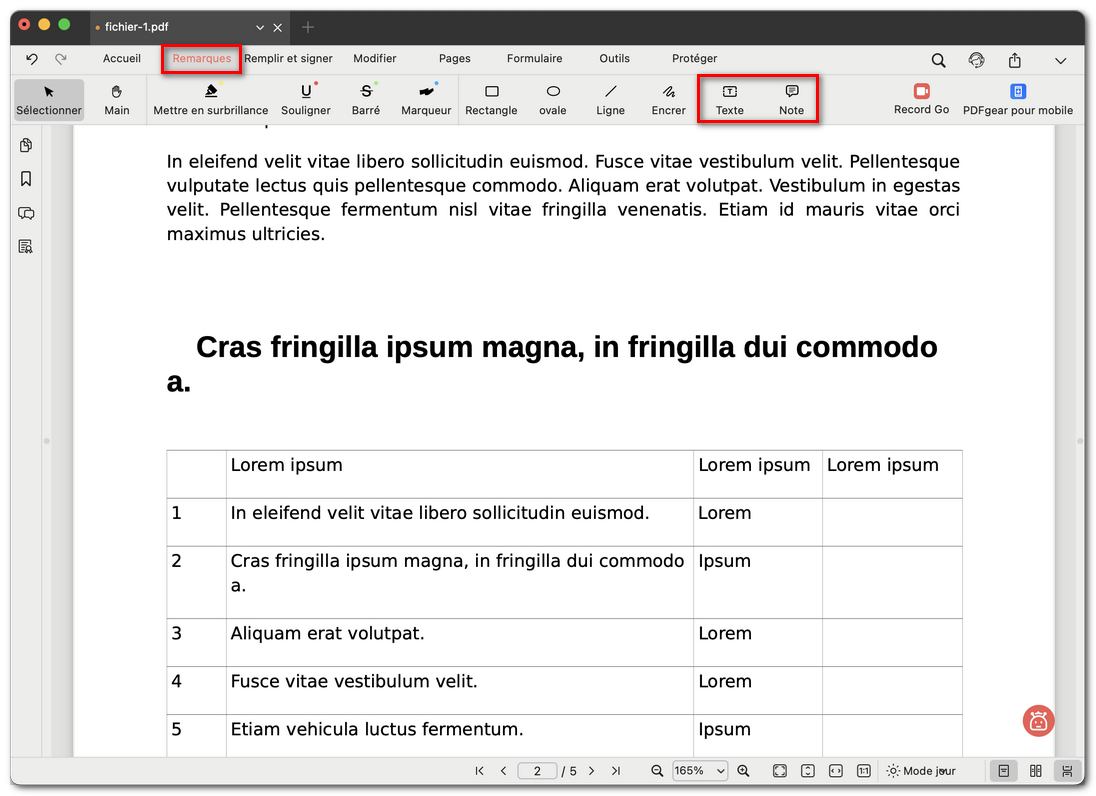 Options de commentaire texte ou note