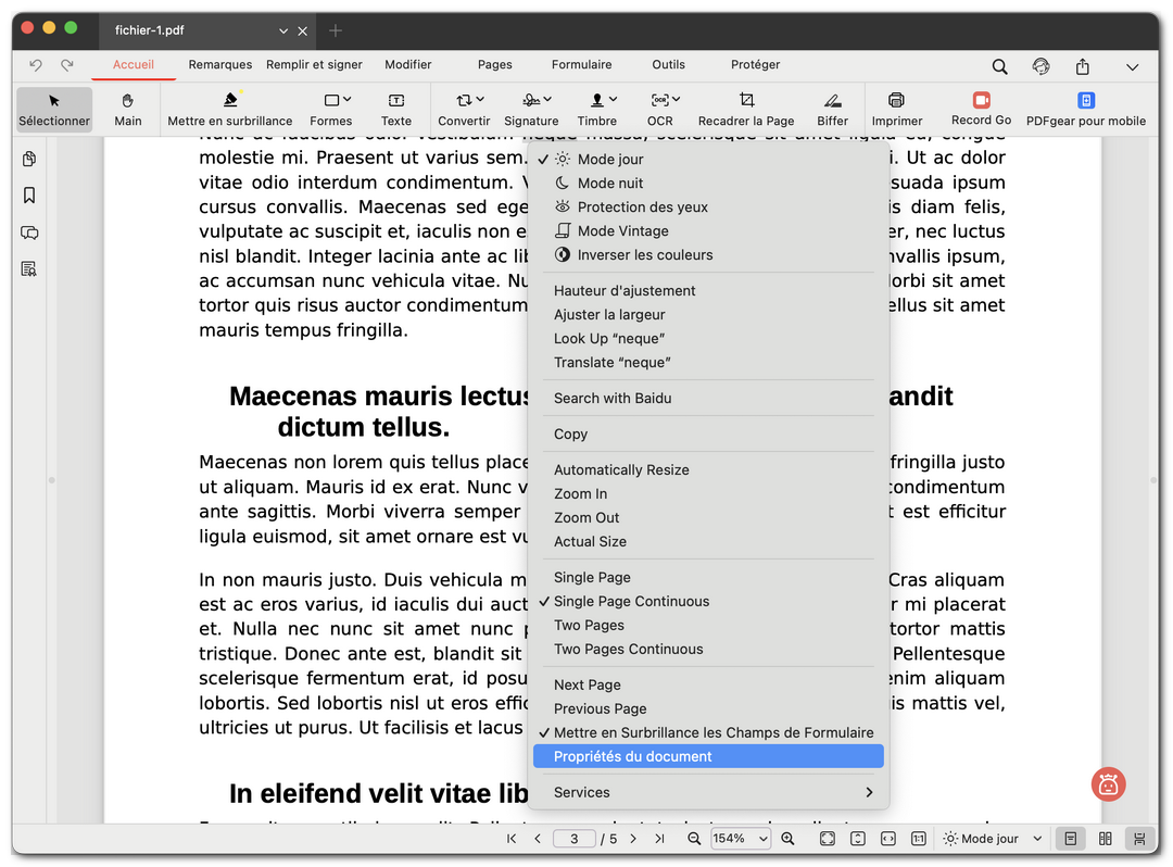 Ouvrir les propriétés du document