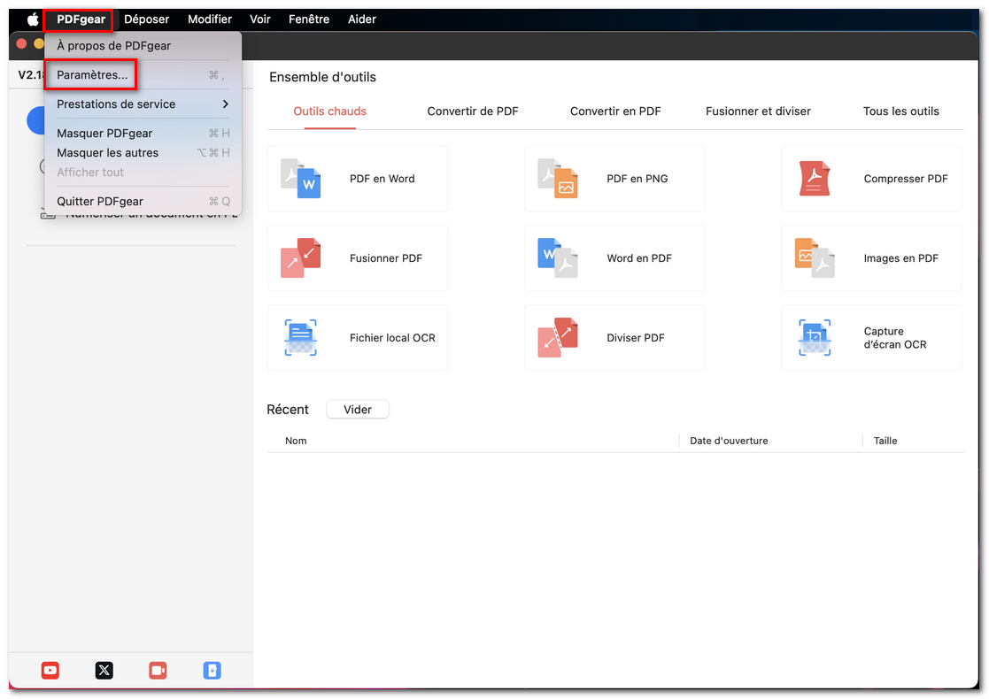 Ouvrir les réglages de PDFgear