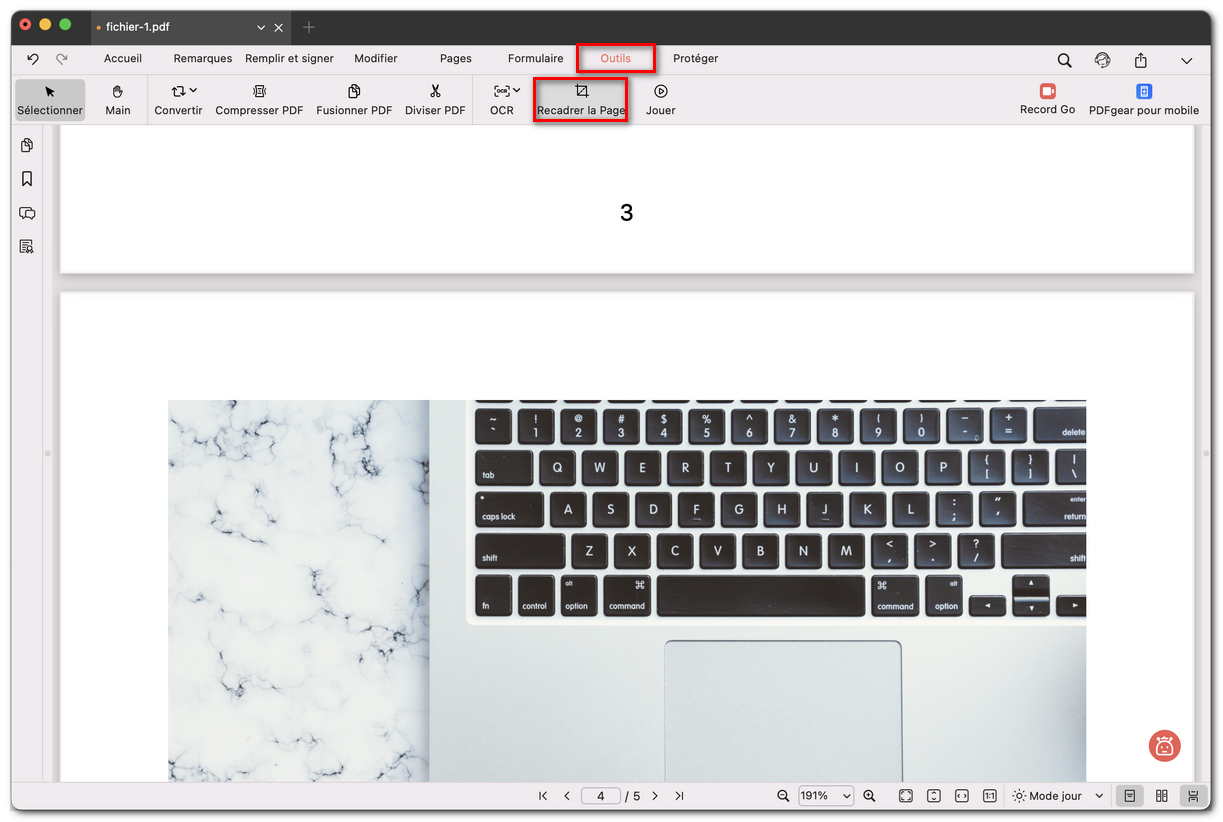 Ouvrir l’outil de recadrage de page