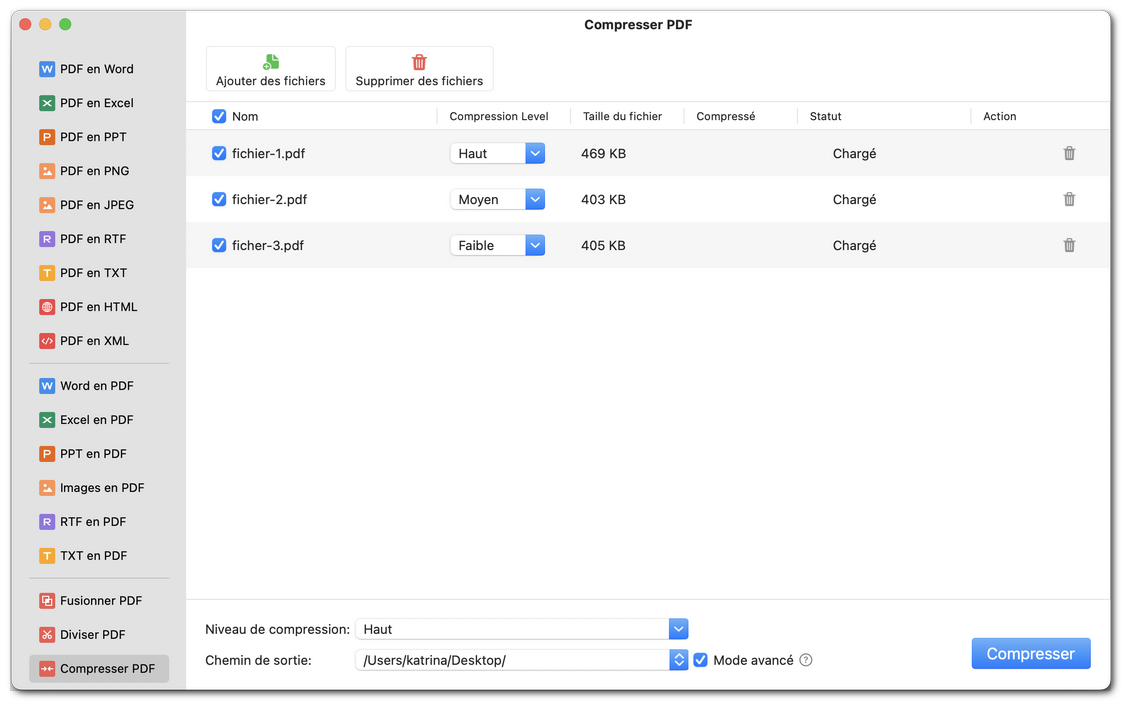 Paramètres de compression personnalisés