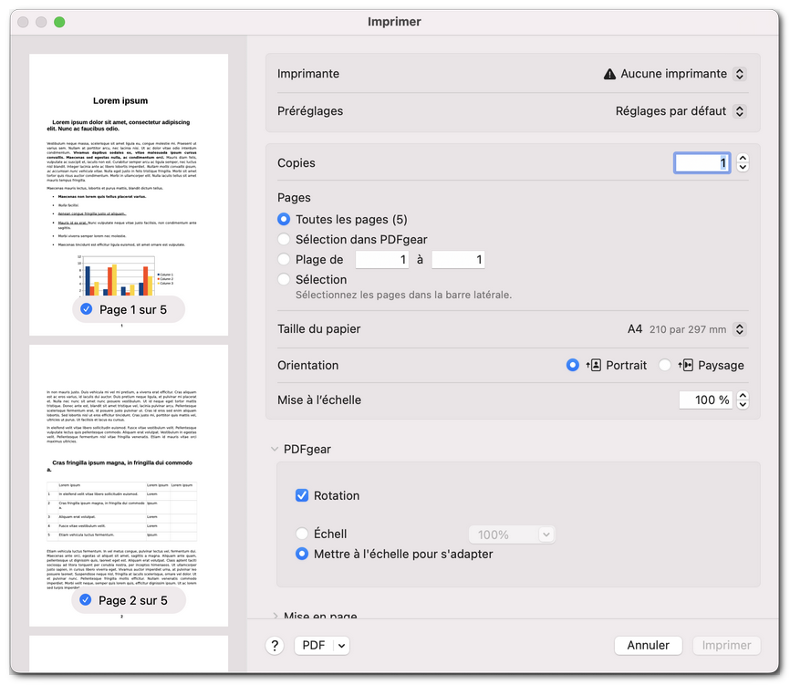 Paramètres des pages et du papier