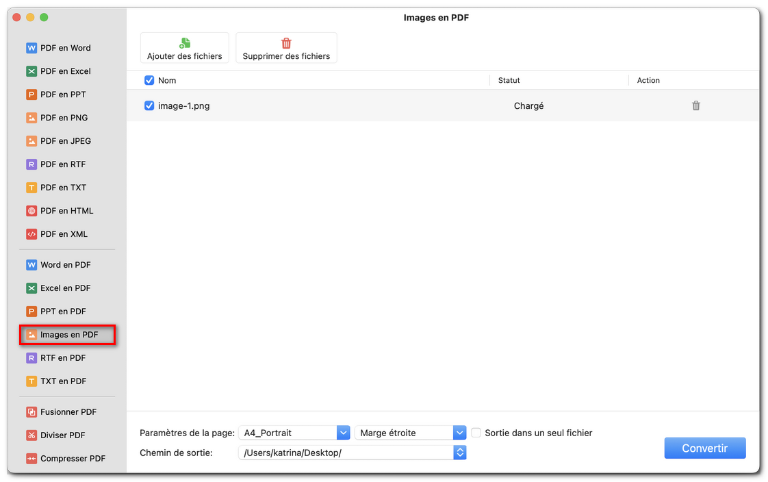 Personnaliser la conversion Image en PDF