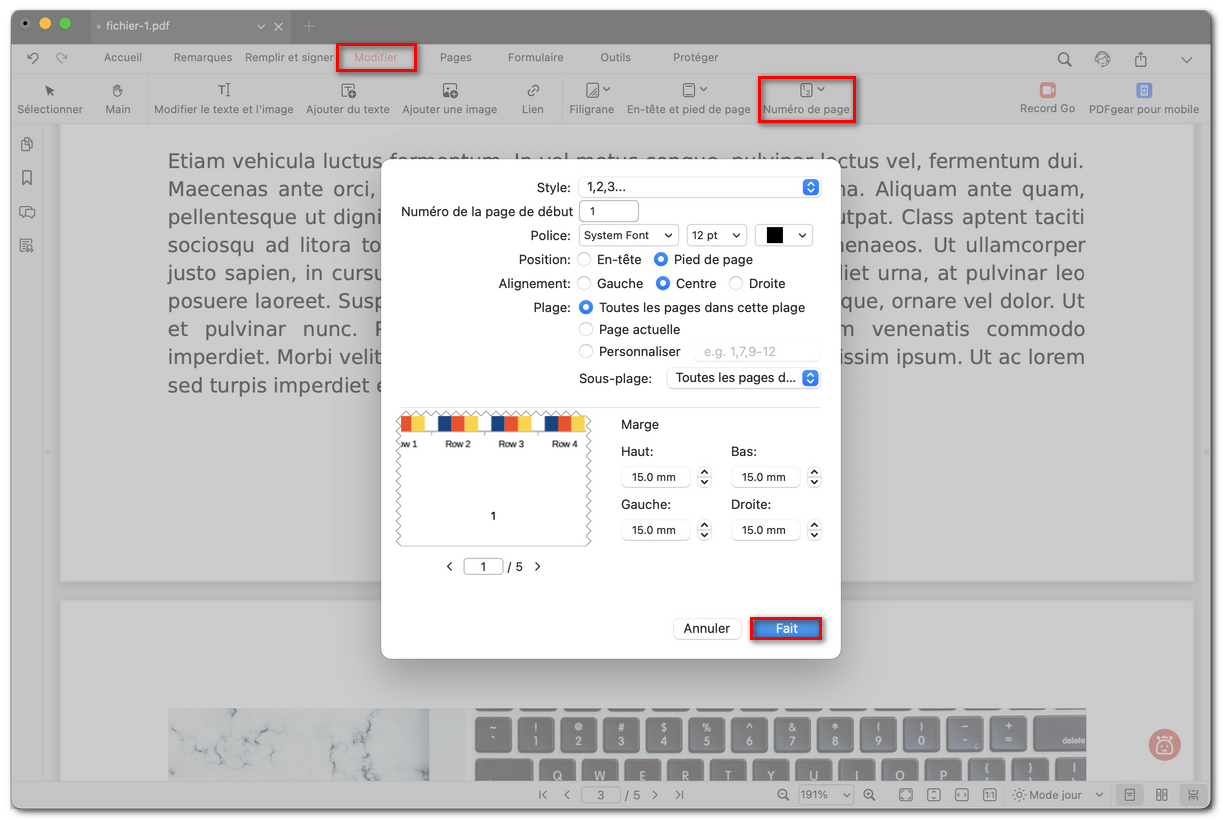Personnaliser le numéro de page