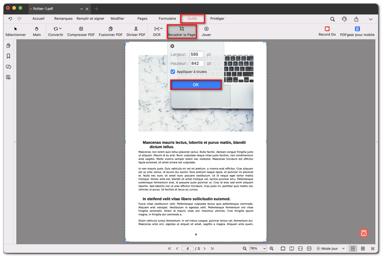 Personnaliser les paramètres de recadrage des pages PDF