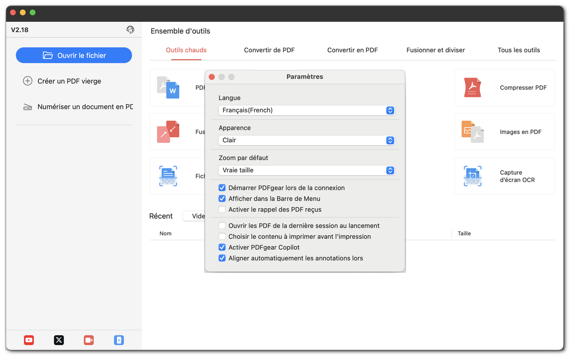 Personnaliser les réglages dans PDFgear