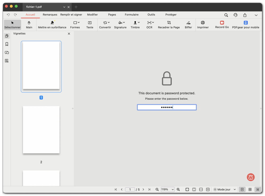 Saisir le mot de passe pour déverrouiller un PDF