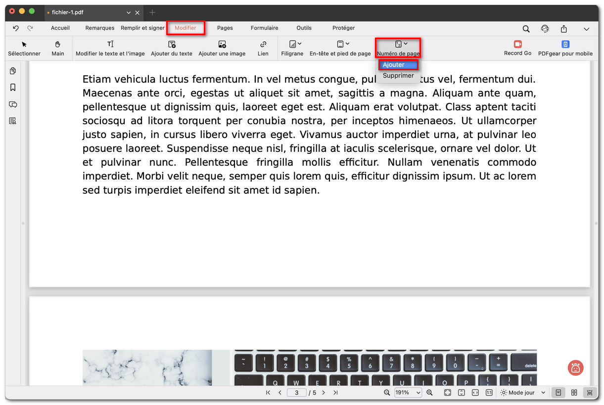 Sélectionner Ajouter un numéro de page