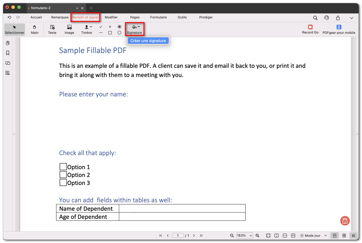 Sélectionner Créer une signature