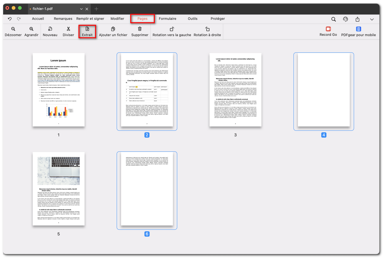 Sélectionner Extraire des pages PDF