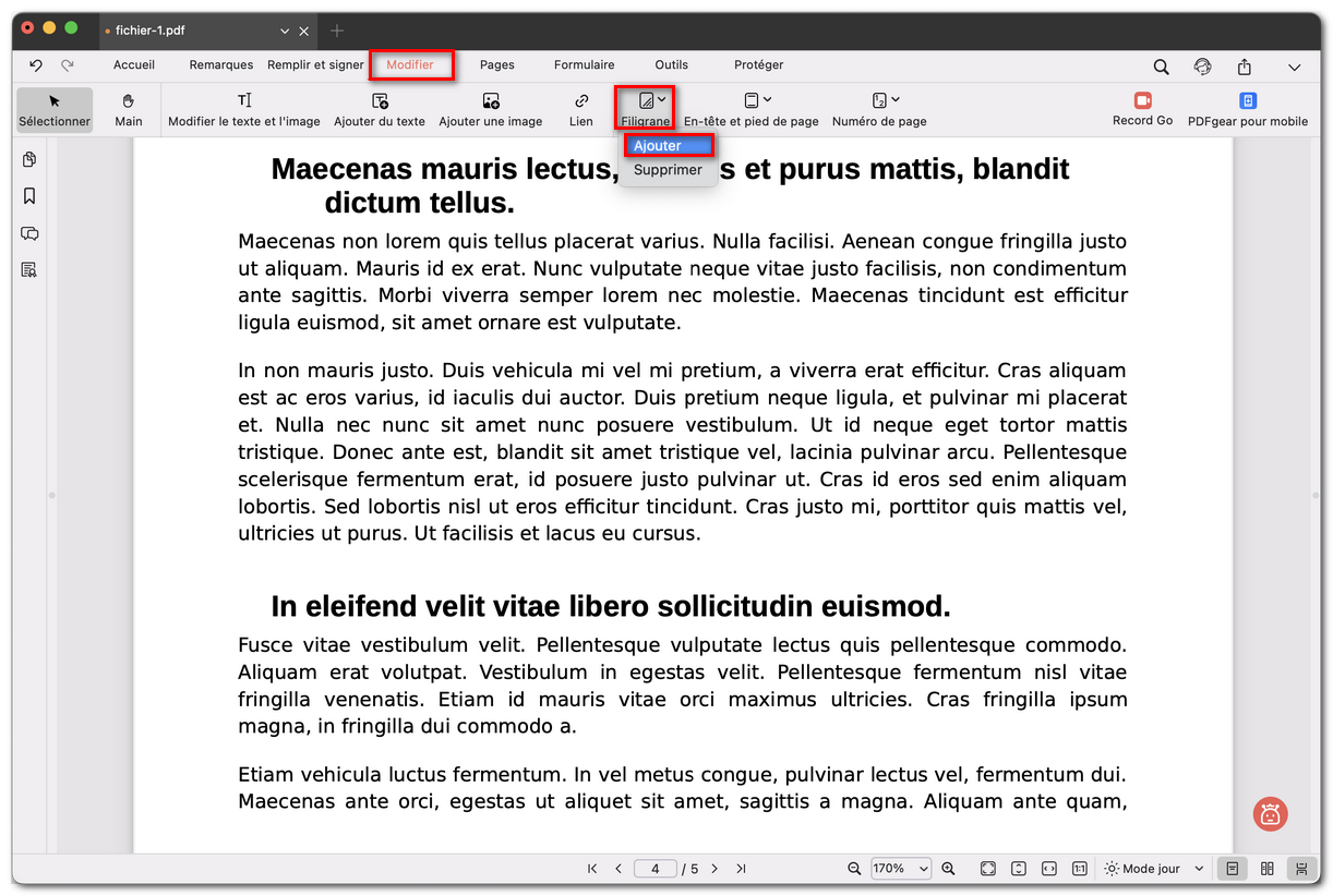 Sélectionner l’option Ajouter un filigrane