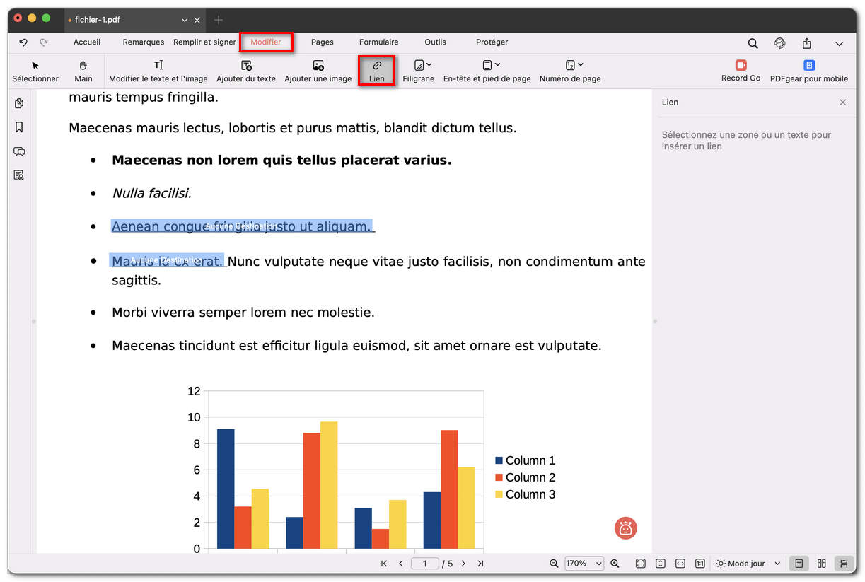 Sélectionner une zone ou un texte pour insérer un lien