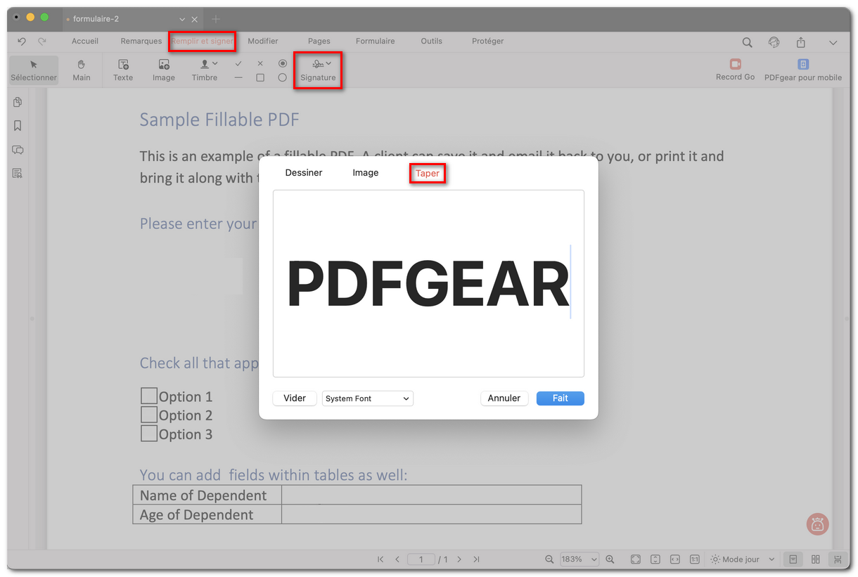 Taper une signature textuelle
