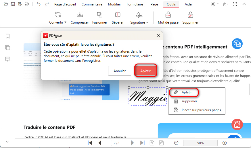 Aplatir la signature dans le PDF