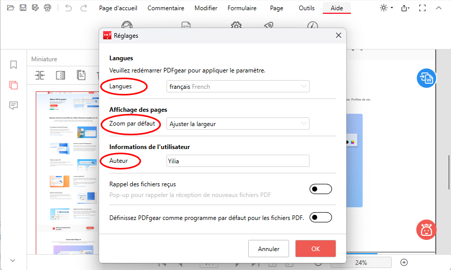 Définir les préférences sur Windows