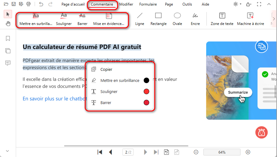 Ouvrir l'outil de mise en valeur du texte