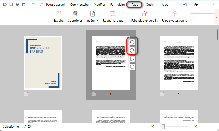 Raccourci pour faire pivoter une page PDF