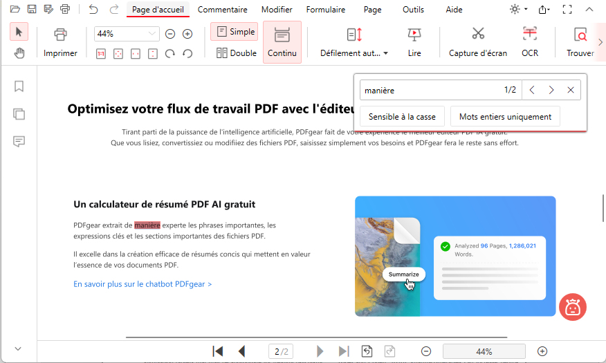 Rechercher du texte dans le PDF