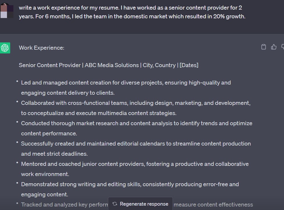 Send ChatGPT the Work Experience