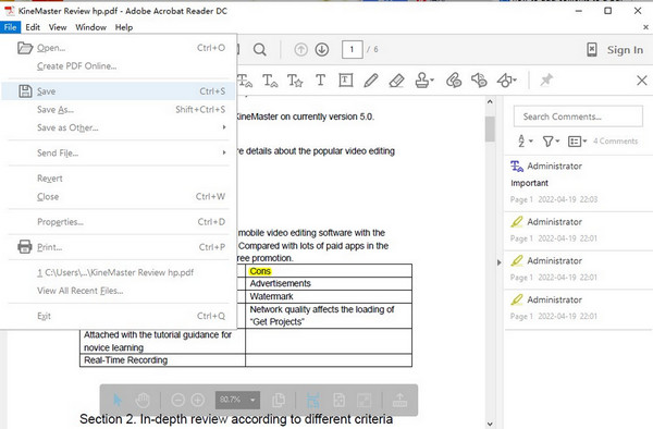 Save PDF Document with Comment from Acrobat