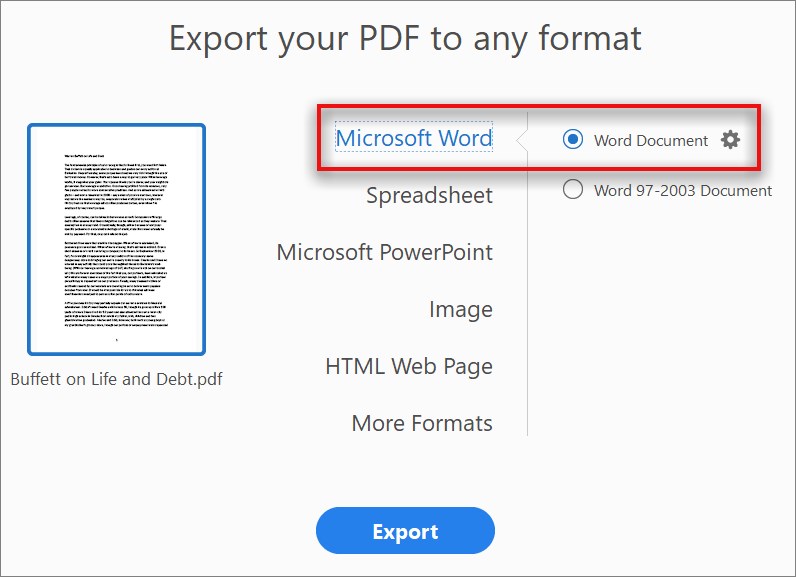 Convert PDF to Word using Acrobat