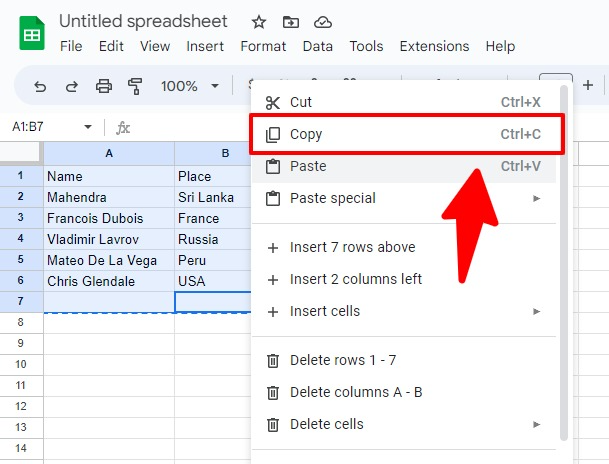 Copy Table on Google Sheets