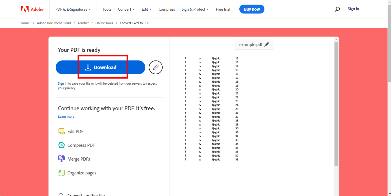 Save the PDF Converted from Excel
