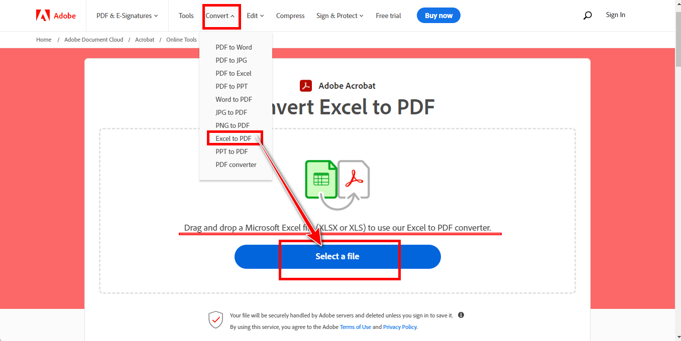 Open an Excel on the Adobe Acrobat Online Tool