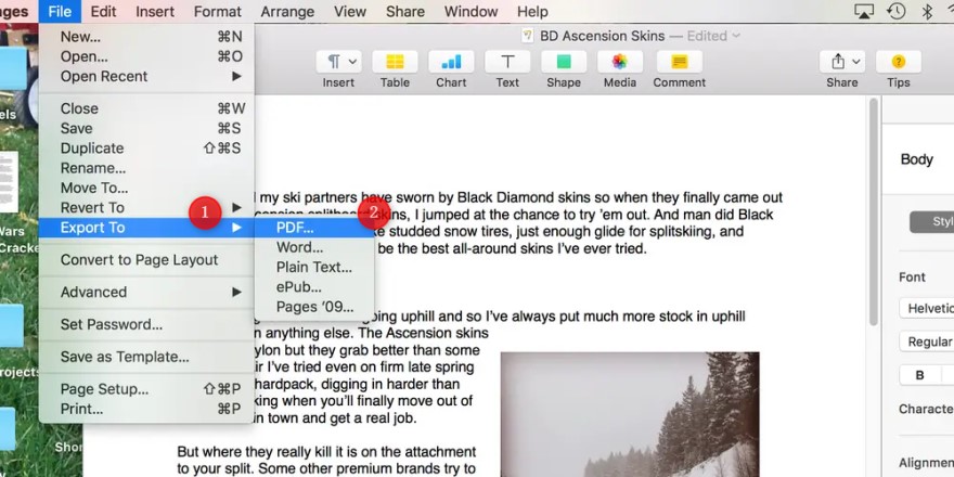 Export Pages to PDF on Mac