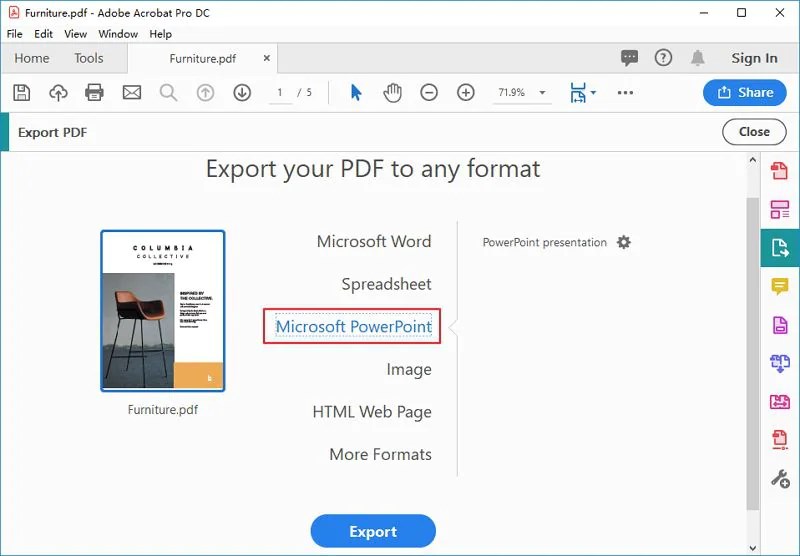 Export PDF as PPT in Adobe