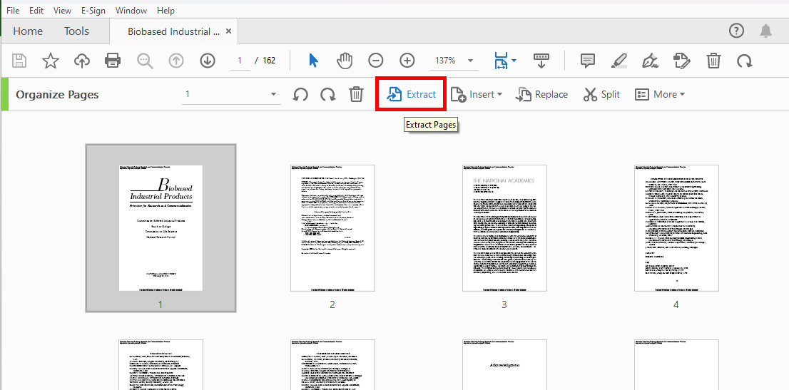 Choose Extract in Adobe Acrobat DC