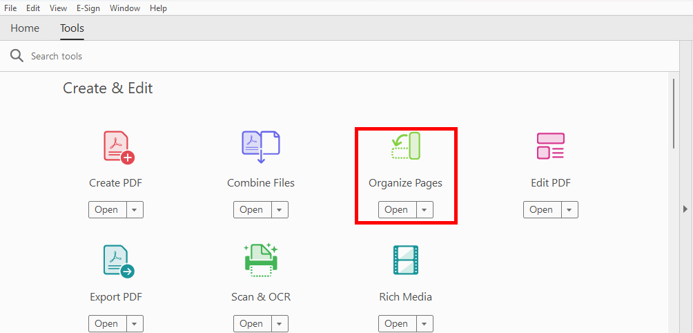 Choose Organize Pages in Adobe Acrobat DC