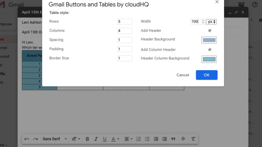 Insert Table to Gmail Message with Cloud HQ Extension