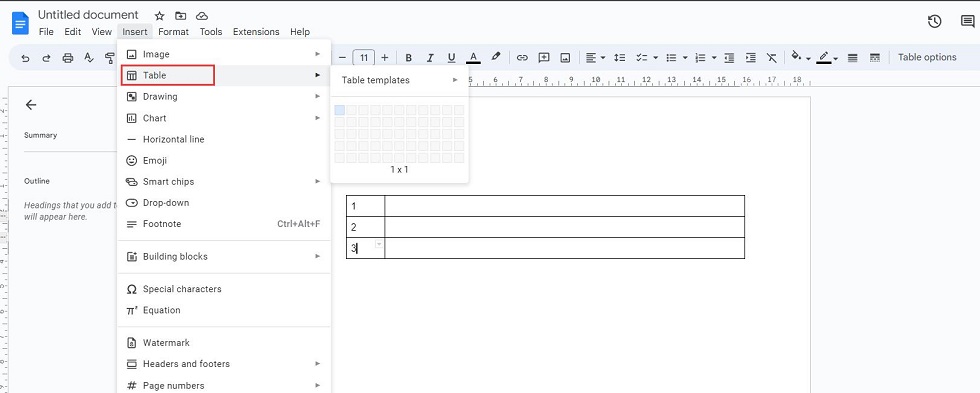 Number Lines in Google Docs with Table