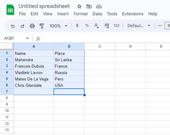 Selecting Table on Google Sheets