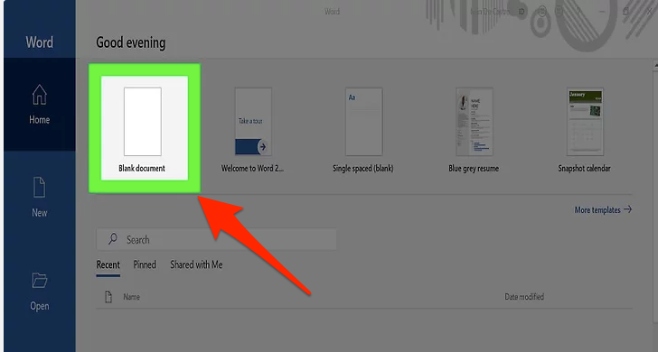 Start a new blank document on Word