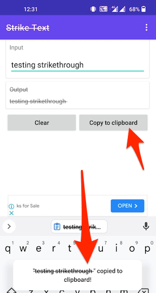 Text with strikethrough copied