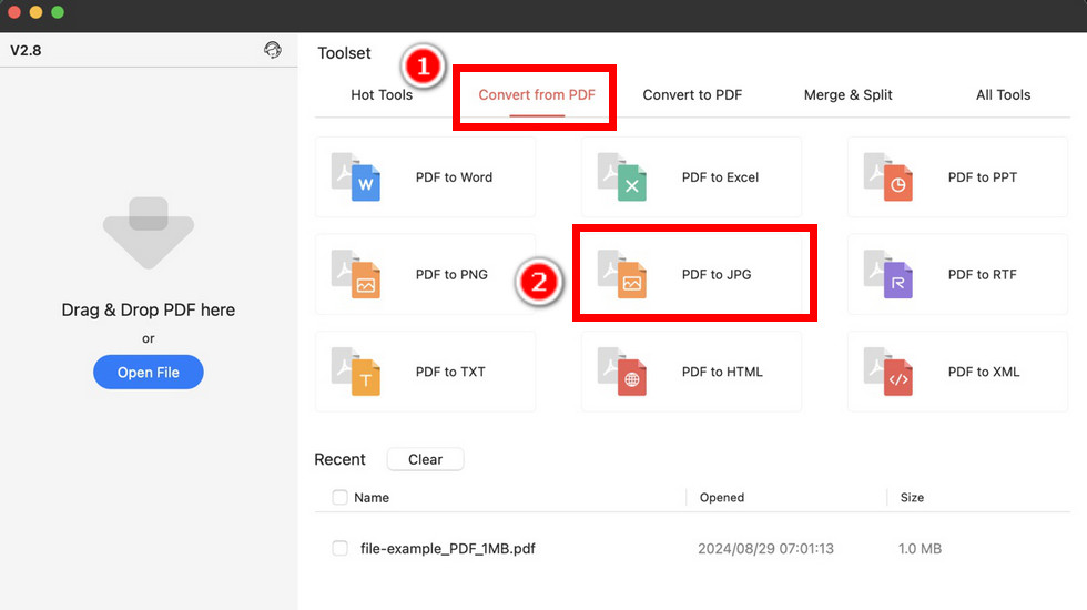Pilih PDF ke JPG di PDFgear untuk Mac