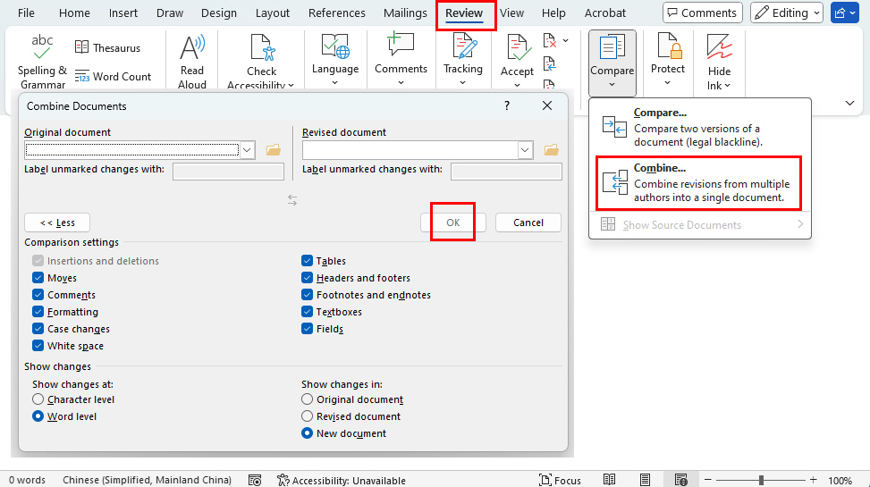 Menggabungkan Dua Versi dari Dokumen Word yang Sama
