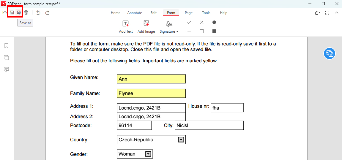Simpan Formulir PDF dari PDFgear